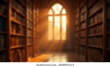A blurred image of an elegant old library with tall bookshelves, an arched window, and warm sunlight streaming in, creating a vintage atmosphere