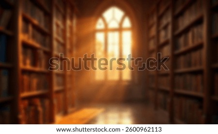 A blurred image of an elegant old library with tall bookshelves, an arched window, and warm sunlight streaming in, creating a vintage atmosphere