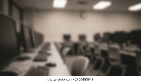 Blurred image of an empty computer lab with rows of computers.
