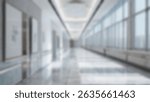 Blurred Image of Empty Corridor Interior with White Walls, Framed Pictures, and Large Windows