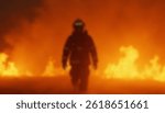 A blurred image of a firefighter walking towards blazing flames, engulfed by intense smoke and fire in a dramatic rescue scene