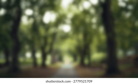 A blurred image of a forest path surrounded by lush green trees and foliage, creating a sense of depth and tranquility. The soft focus enhances the natural beauty.