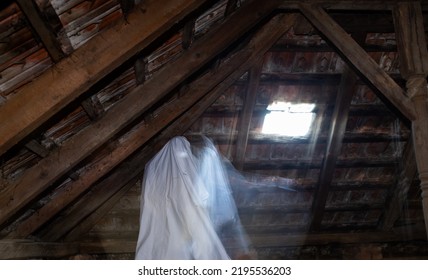 blurred image of ghost in the attic haunted house for Halloween - Shutterstock ID 2195536203
