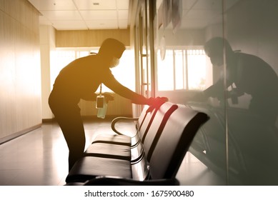 Blurred Image Of Housekeeper Cleaning Service Working At Office. Blur Image Use For Background.  Prevention Of Coronavirus Infection, Spring Cleaning Concept