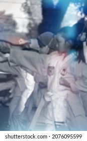 Blurred Image Of  Kids Practice Martial Art Karate. Sport Wallpaper Design For Presentation, Website Etc. 