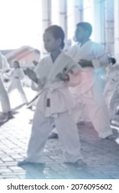 Blurred Image Of  Kids Practice Martial Art Karate. Sport Wallpaper Design For Presentation, Website Etc. 