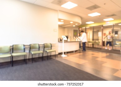 Blurred Image Lobby/front Desk Area Of Clinical Laboratory Services Office. Customer Check-in On Kiosk Tablet Upon Arrival. Test Center For Diagnostic Testing, Medical, Healthcare Abstract Background