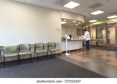 Blurred Image Lobby/front Desk Area Of Clinical Laboratory Services Office. Customer Check-in On Kiosk Tablet Upon Arrival. Test Center For Diagnostic Testing, Medical, Healthcare Abstract Background