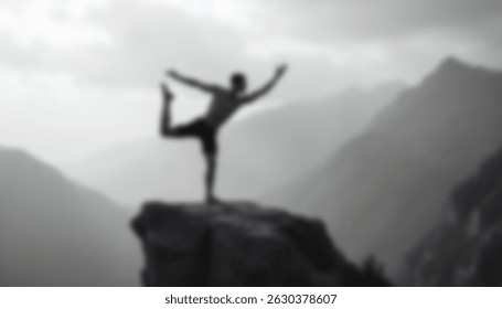 A blurred image of a man balancing in a yoga pose on a mountain edge in grayscale, expressing focus, control, and adventure - Powered by Shutterstock - Get 15% off with code: PIKWIZARD15