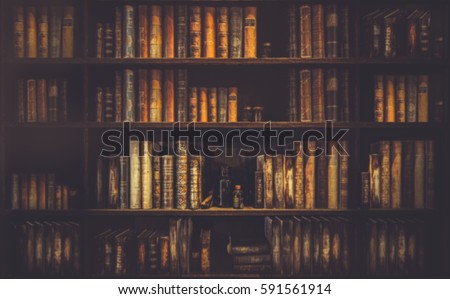 blurred  Image Many old books on bookshelf in library