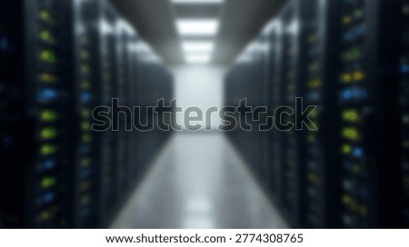 A blurred image of a modern data center, showcasing rows of servers and equipment. The image highlights the technology and infrastructure of a data center.