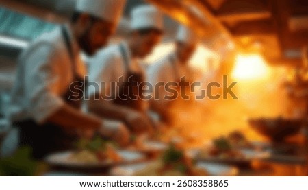 A blurred image of multiple chefs in a bustling kitchen, preparing gourmet meals with steam and fire enhancing the dynamic atmosphere
