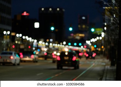 Blurred Image Of Night View Of Busy Downtown Street During Rush-hour, Full Of Cars And Traffic Congestion. Detroit, Michigan / United States Of America. 