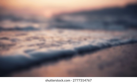 A blurred image of ocean waves gently rolling towards the shore during a beautiful sunset, creating a peaceful and tranquil coastal landscape.