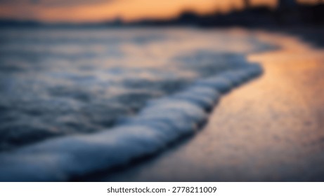 A blurred image of ocean waves gently crashing onto a sandy beach during a beautiful sunset, creating a serene and peaceful atmosphere.