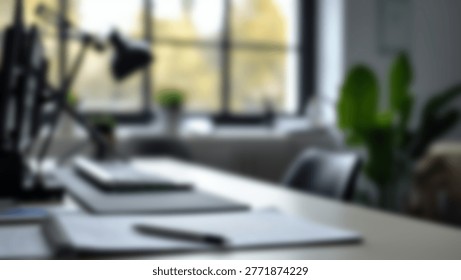 A blurred image of an office interior featuring a desk, window, natural light, and a hint of greenery. The soft focus creates a sense of calm and professionalism.