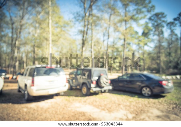 Blurred image of outdoor parking lots near forest\
with tall live oak tree under winter clear blue sky. Picnic trail\
parking abstract background. Countryside, rural parking concept.\
Vintage tone.