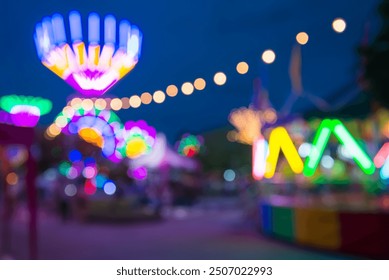 Blurred image of people in funfair amusement park festival in city park at night bokeh background. Summer festival holiday vacation concept. - Powered by Shutterstock