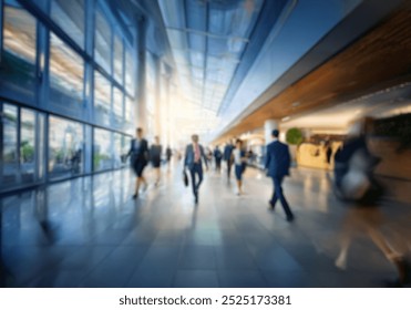 A blurred image of people walking in a modern office building with large glass windows. - Powered by Shutterstock