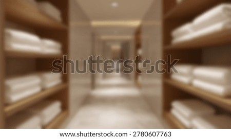 A blurred image of a spa interior, featuring a long corridor with soft lighting, wooden shelves, and neatly stacked white towels. The design evokes a sense of tranquility and relaxation.