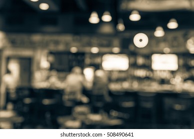 Blurred Image Sport And Gumbo, Oyster Bar With TV, Classic Counter, Tables And Chairs In Houston, Texas, US. Bar Happy Hour, Dine In Abstract Background. Night Club, Grill Bar Concept. Vintage Filter.