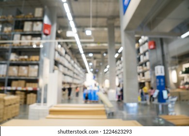 Blurred Image Of Stock Inventory Shelf, Stack Of Carton Boxes, Modern Logistics Smart Warehouse Management. For Wholesale Distributor, Ecommerce, Commercial Business Or Supply Chain Background Concept