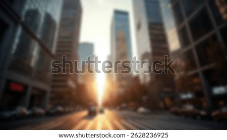 A blurred image of sunlight breaking through tall skyscrapers in a bustling urban environment
