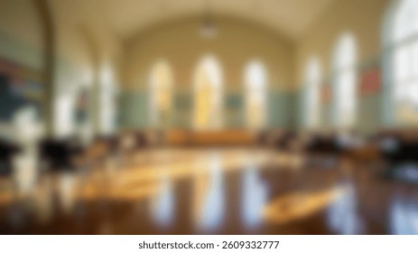 Blurred image of a sunlit classroom with desks and chairs, ideal for design in school themes, e-learning, and educational presentations.