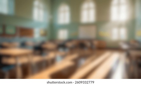 Blurred image of a sunlit classroom with desks and chairs, ideal for design in school themes, e-learning, and educational presentations.