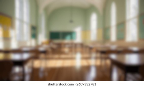 Blurred image of a sunlit classroom with desks and chairs, ideal for design in school themes, e-learning, and educational presentations.