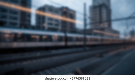 A blurred image of a train moving through a city at dusk, with light trails and buildings in the background, creating a sense of motion and urban life.