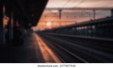 A blurred image of a train station platform at sunset. The sky is filled with vibrant colors, and the tracks stretch into the distance. The platform is mostly in shadow.
