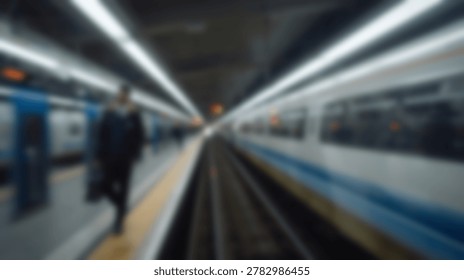 A blurred image of a train station platform, with a person waiting for the train. The image captures the essence of travel and transportation.