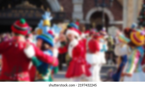 Blurred images of mascots parade show. Capture images of mascot characters model dancing with theme park song. Show for fan at  Christmas festive in Tokyo. Blurry for background images. - Shutterstock ID 2197432245