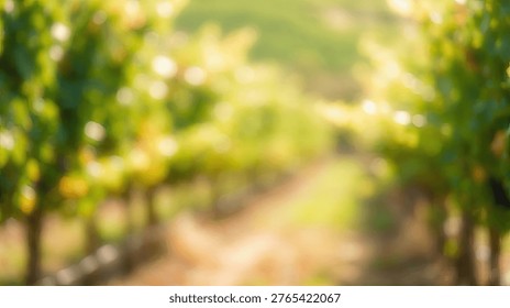 A blurred, impressionistic view of a vineyard path during golden hour, with sunlight filtering through the leaves.