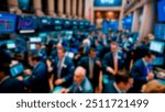 Blurred interior of a busy stock exchange with traders actively engaging, surrounded by screens displaying stock prices and financial data