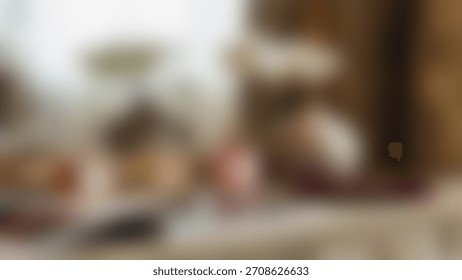 Blurred interior scene with soft, diffused lighting and indistinct objects. Clear details and vib...