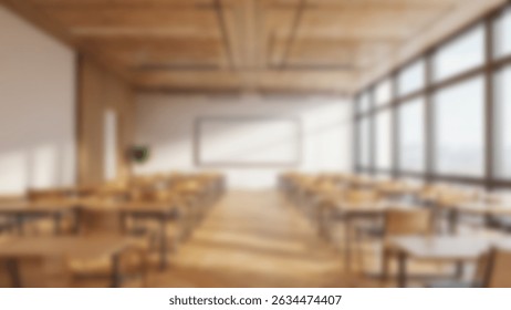 Blurred Interior View of a Bright and Empty Classroom with Desks, Chairs, Whiteboard, and Large Windows