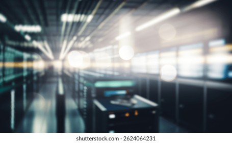 Blurred interior view of a modern data center with servers and bright lights.
