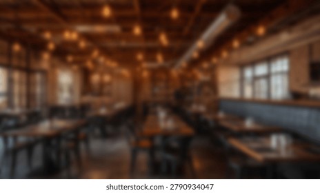 A blurred interior view of a rustic restaurant dining room featuring wooden tables and warm hanging string lights in a dimly lit evening setting.
