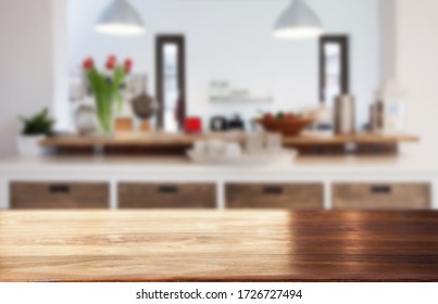 Blurred Kitchen Interior  And Desk Space Home Background