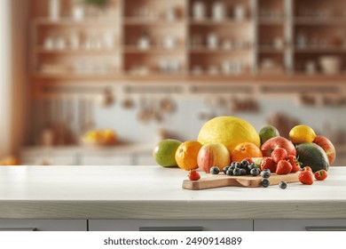 Blurred kitchen interior and fresh fruit on wooden cutting board  on white countertop and space for food and drink and products and objects. - Powered by Shutterstock