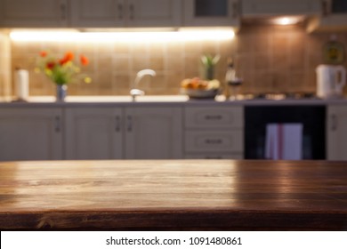 blurred kitchen interior and napkin and desk space - Shutterstock ID 1091480861