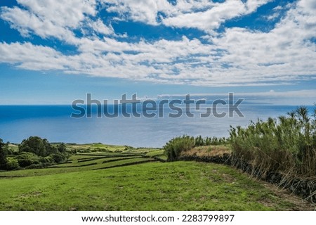 Blurred lawn em green agricultural field with stone walls and reeds with silhouette of the island of São Jorge on the horizon in the sea, Azores PORTUGAL Zdjęcia stock © 