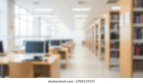 Blurred Library Interior Rows of Computers  Bookshelves in Sunny Academic Space.