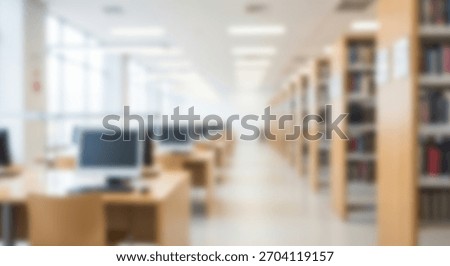 Blurred Library Interior Rows of Computers  Bookshelves in Sunny Academic Space.