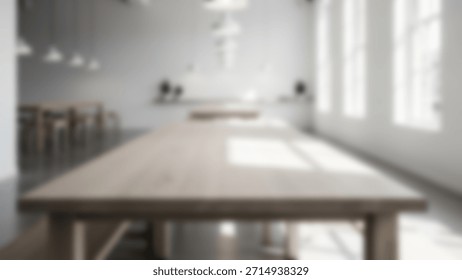 Blurred Loft Lightfilled Empty Workspace with Wooden Tables.