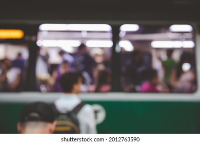 Blurred Metro At Green Line Stop Platform In Government Center Station In Boston, USA.