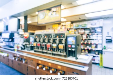 Blurred Modern Convenience Store Gas Station In Arkansas, USA. Variety Items On Display Such As Impulse Snack, Energy Drink, Coffee, Hot Food, Tobacco, Cigarette, Clothes, Lottery Ticket. Vintage Tone