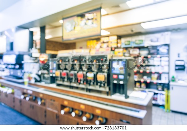 Blurred modern convenience store gas station in\
Arkansas, USA. Variety items on display such as impulse snack,\
energy drink, coffee, hot food, tobacco, cigarette, clothes,\
lottery ticket. Vintage\
tone